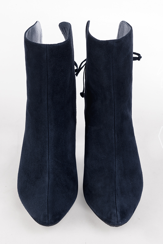 Navy blue women's ankle boots with laces at the back. Round toe. High kitten heels. Worn view - Florence KOOIJMAN